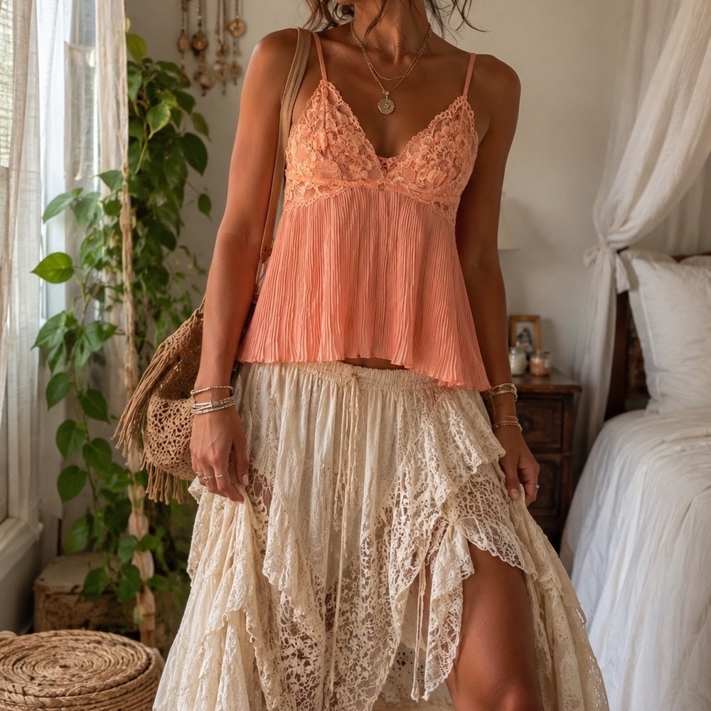 Marilyn Monroe Peach Coral Lace Pleated Babydoll Camisole Top Boho Coquette zz